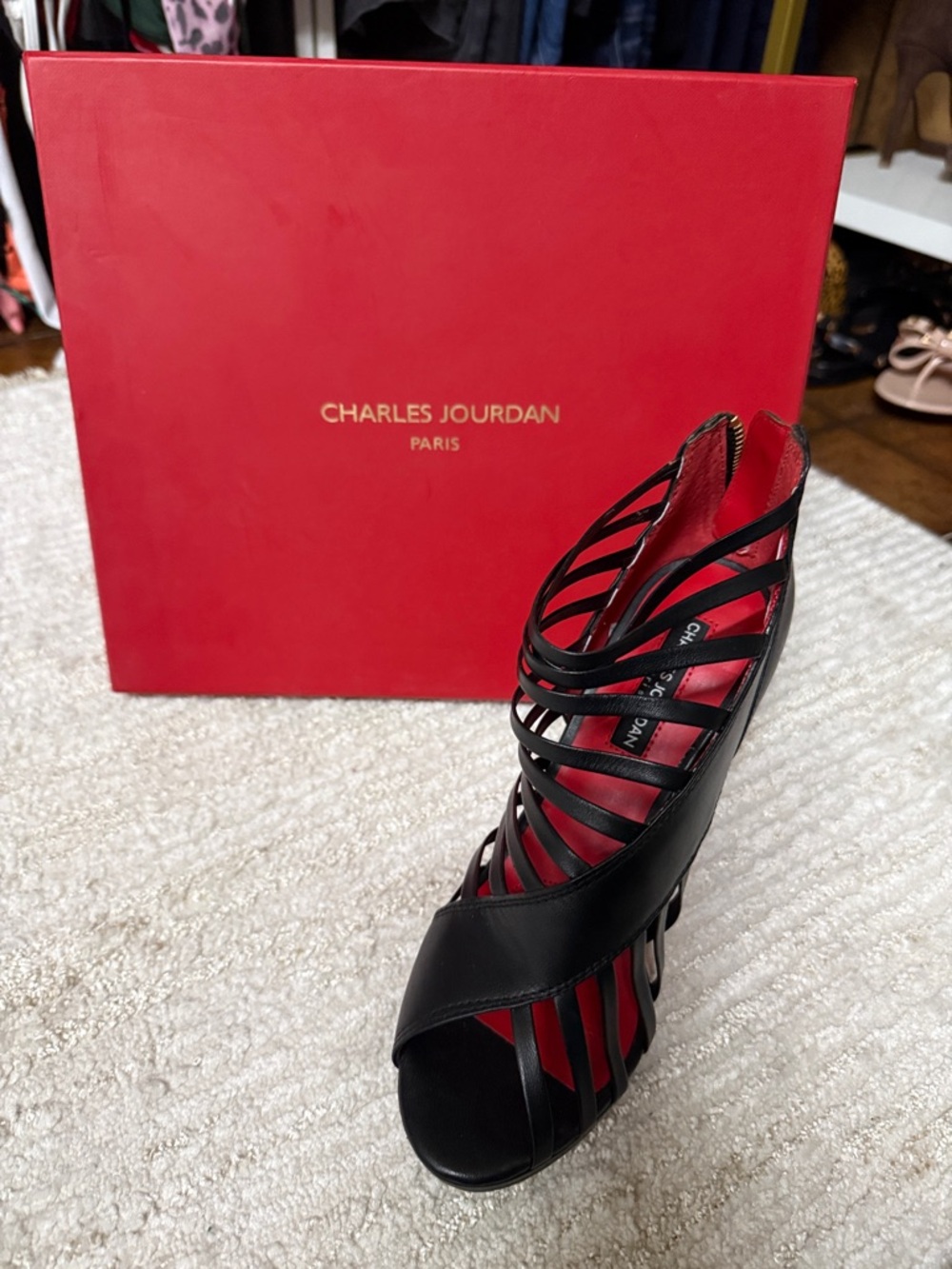 Charles Jourdan Black Strappy Open-Toe Heel with Red Lining